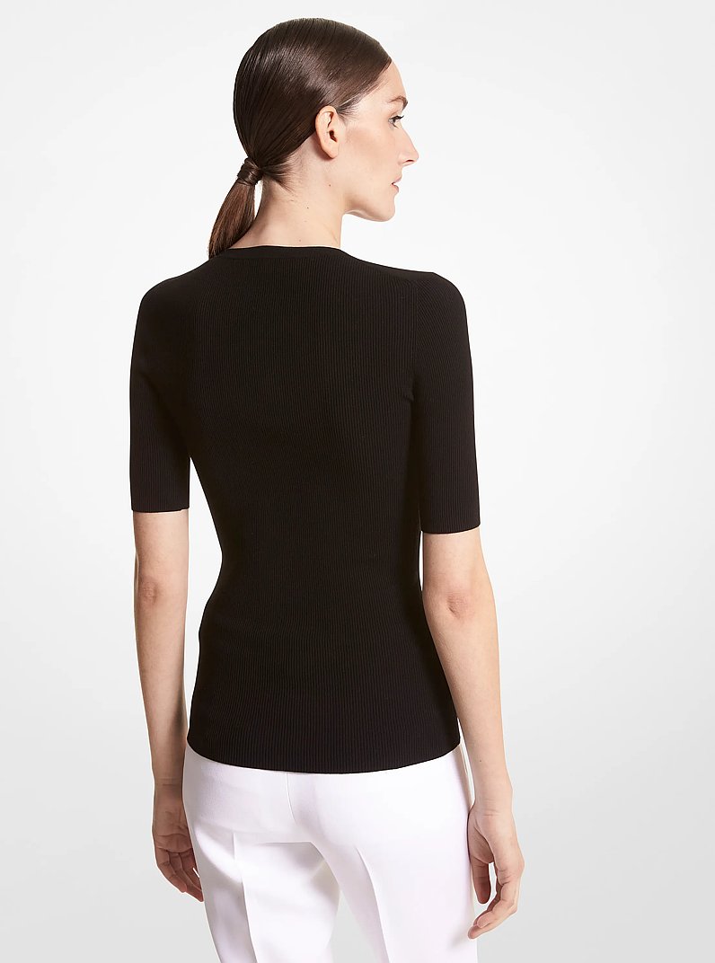 Ribbed Stretch Viscose T-Shirt in BLACK | Michael Kors