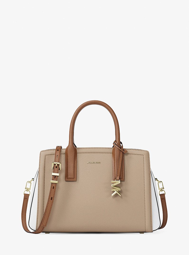 Bolso satchel Laila mediano de piel granulada con bloques de color in CAQUI MULTICOLOR | Michael Kors