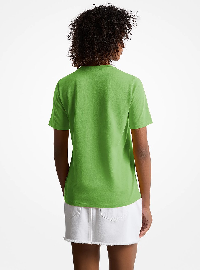 Sequined Logo Cotton T-Shirt in JUNGLEGREEN | Michael Kors