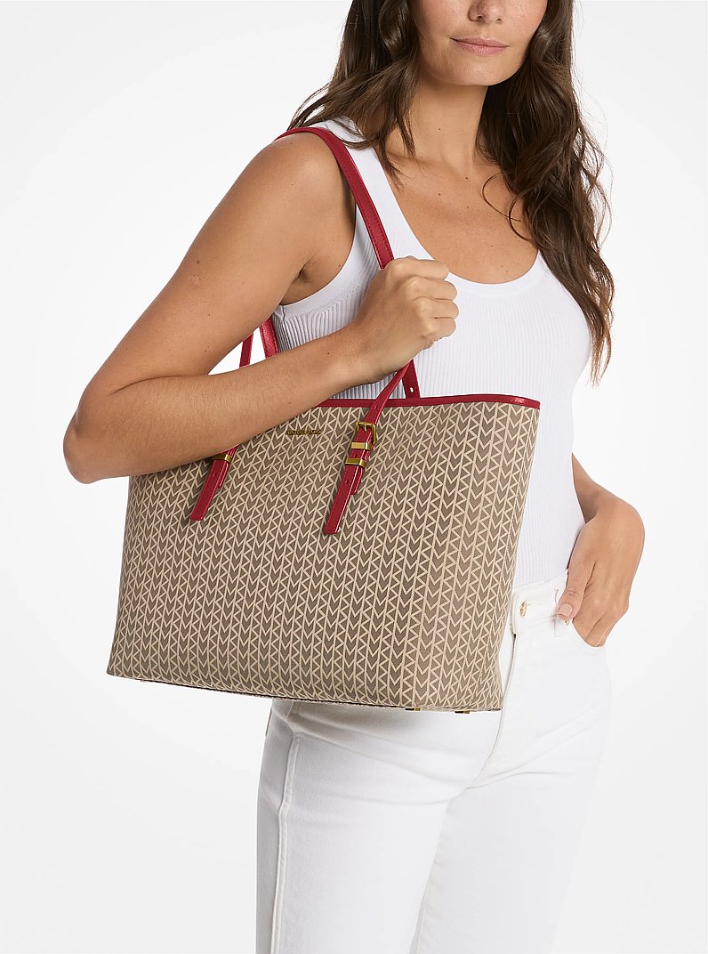 Quinn Large MK2000 Logo Jacquard Tote Bag in CRIMSON MULTI | Michael Kors