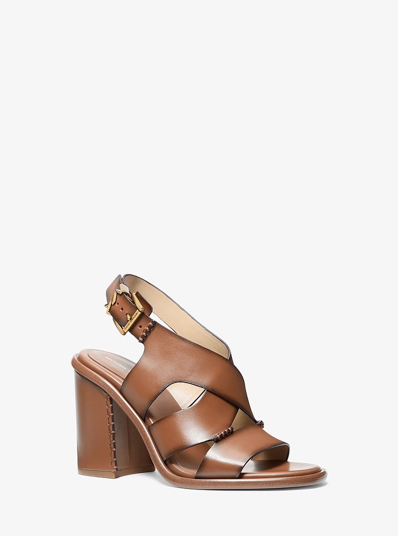 Raven Burnished Leather Block Heel Sandal in LUGGAGE | Michael Kors