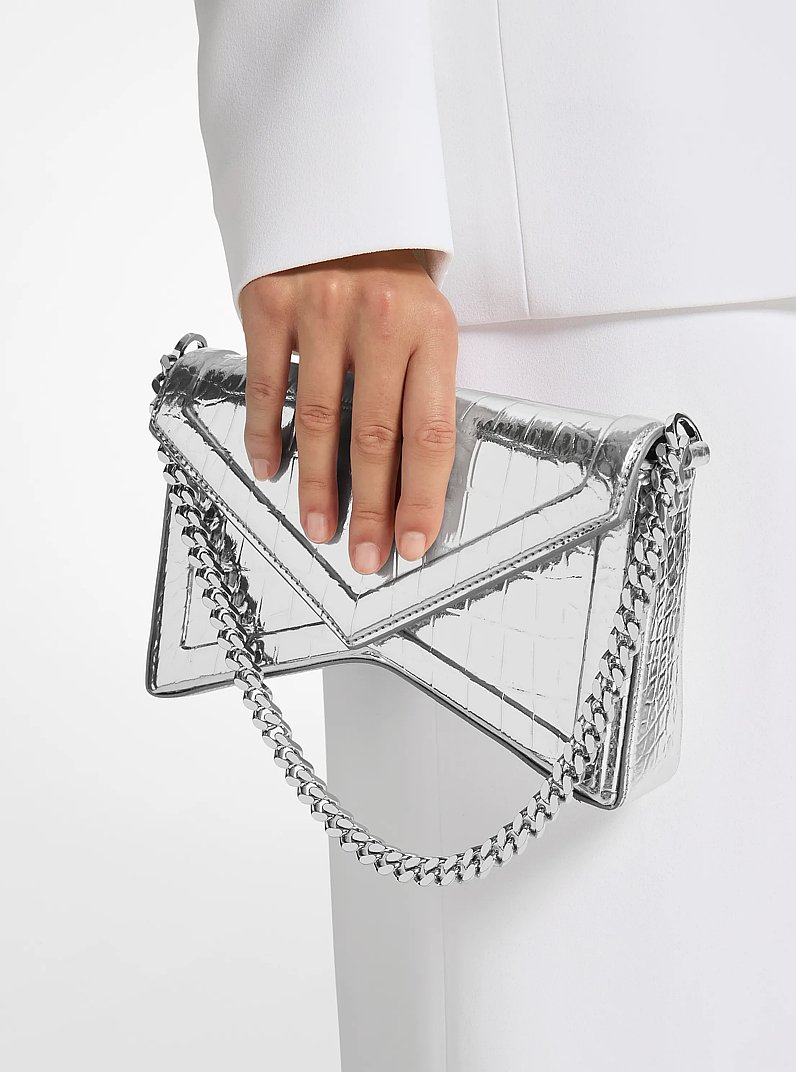 Manhatta Metallic Crocodile Embossed Leather Shoulder Bag in SILVER | Michael Kors