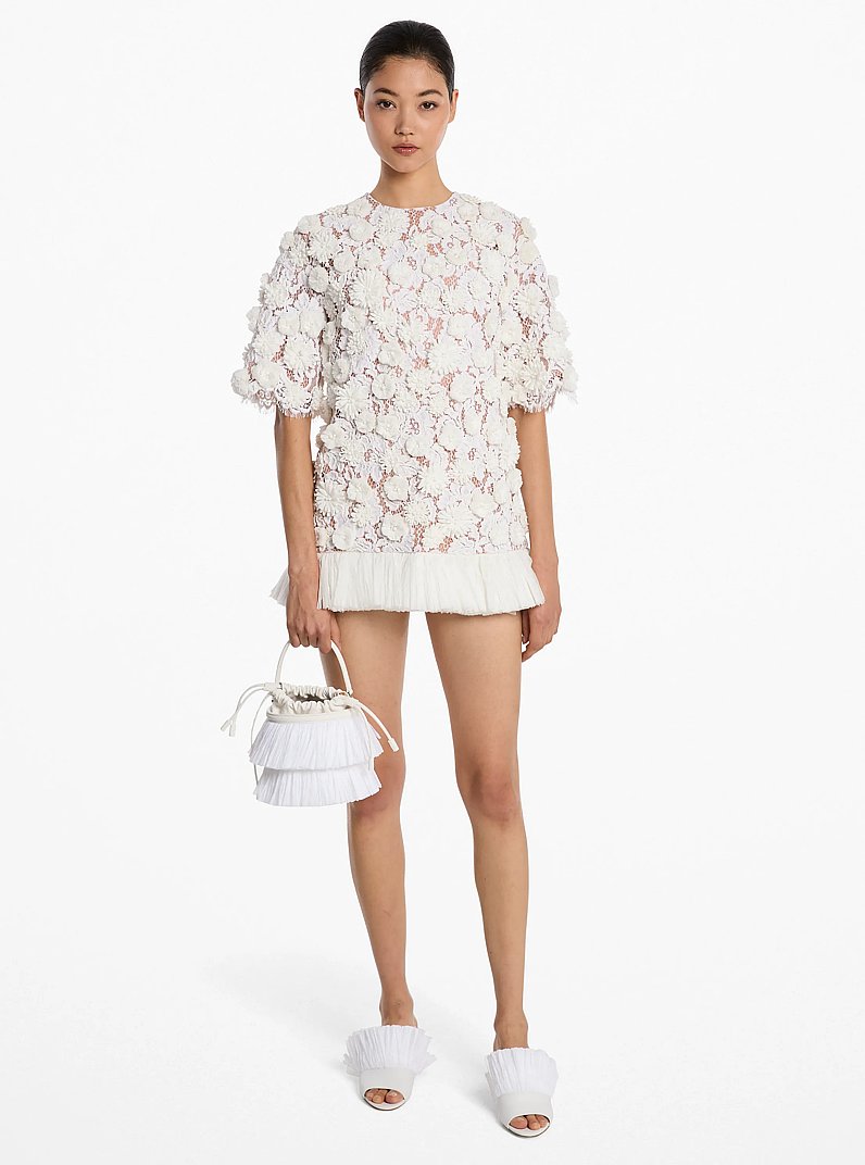 Hand-Embroidered Floral Lace and Fringe Tunic in OPTIC WHITE | Michael Kors