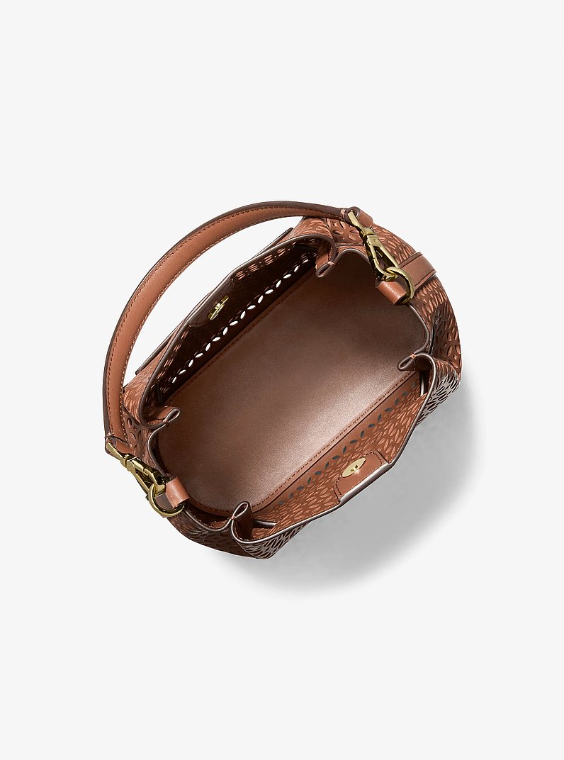 Carson Small Floral Laser Cut Bucket Crossbody Bag in LUGGAGE | Michael Kors