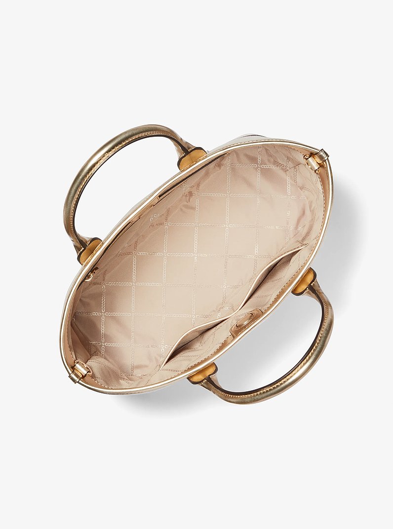 Luisa Medium Cotton Canvas and Metallic Satchel in PALE GOLD/NATURAL | Michael Kors