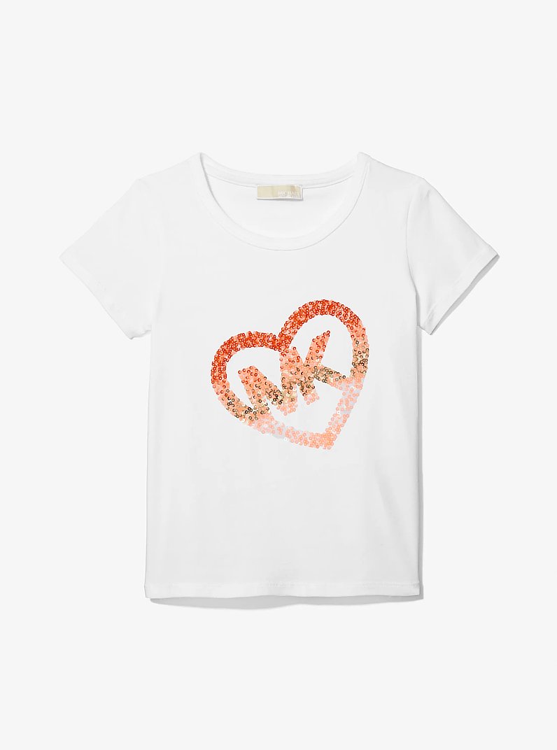 Stretch Cotton Sequined Logo Heart T-Shirt in WHITE | Michael Kors