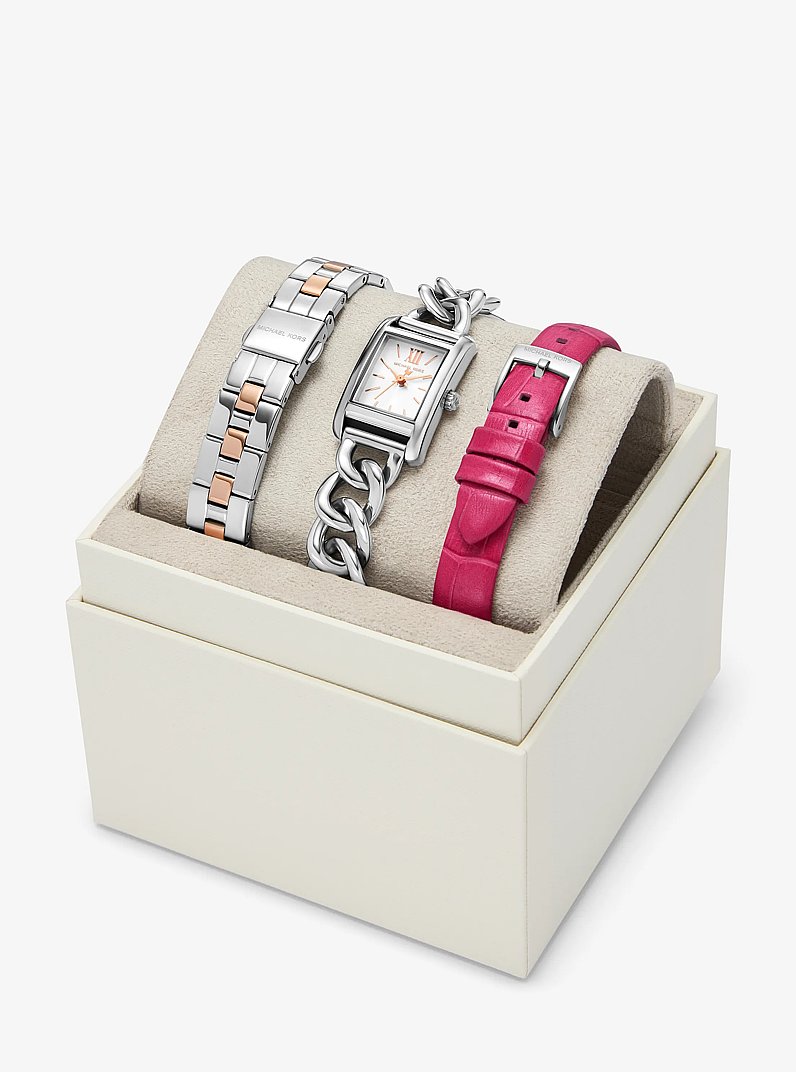 Petite Monroe Two-Tone and Crocodile-Embossed Leather Watch Strap Set in DRAGON FRUIT | Michael Kors