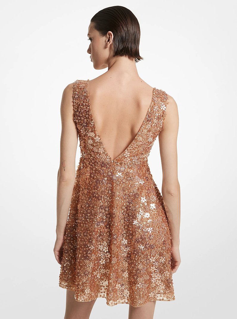 Hand-Embroidered Floral Appliqu&eacute; Stretch Tulle Dress in SUNTAN | Michael Kors