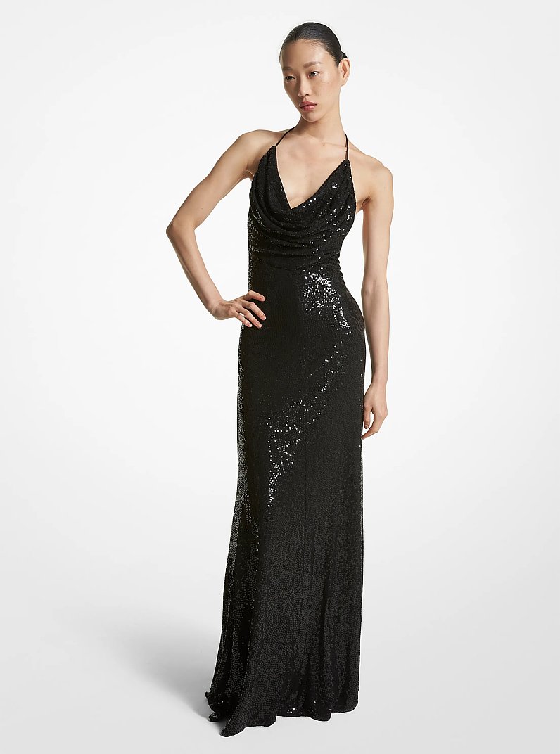 Hand-Embroidered Sequin Viscose Cowl Gown in BLACK | Michael Kors