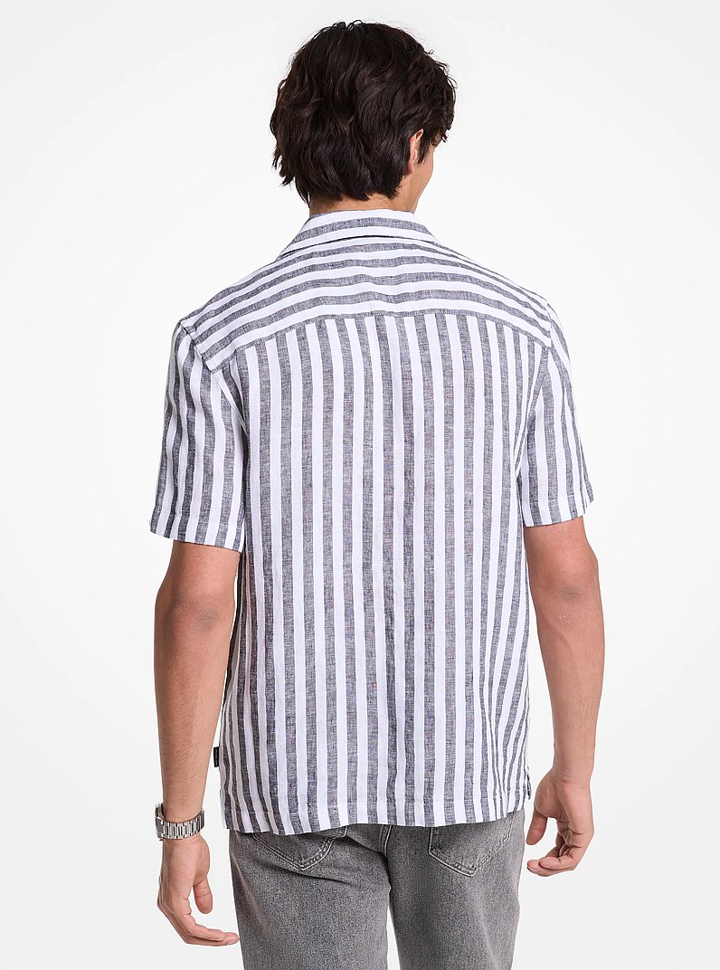 Linen and Cotton Blend Striped Shirt in BLACK | Michael Kors