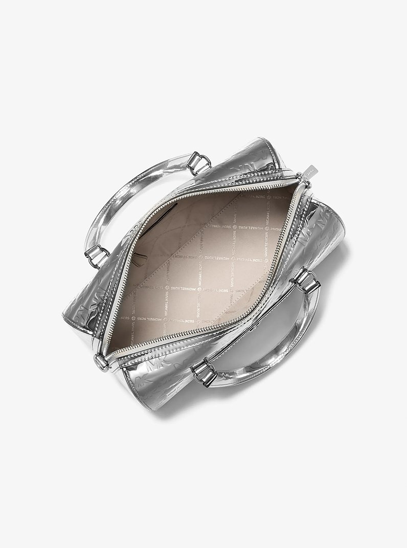 Jet Set Medium Patent Logo Debossed Duffel Crossbody Bag in SILVER | Michael Kors