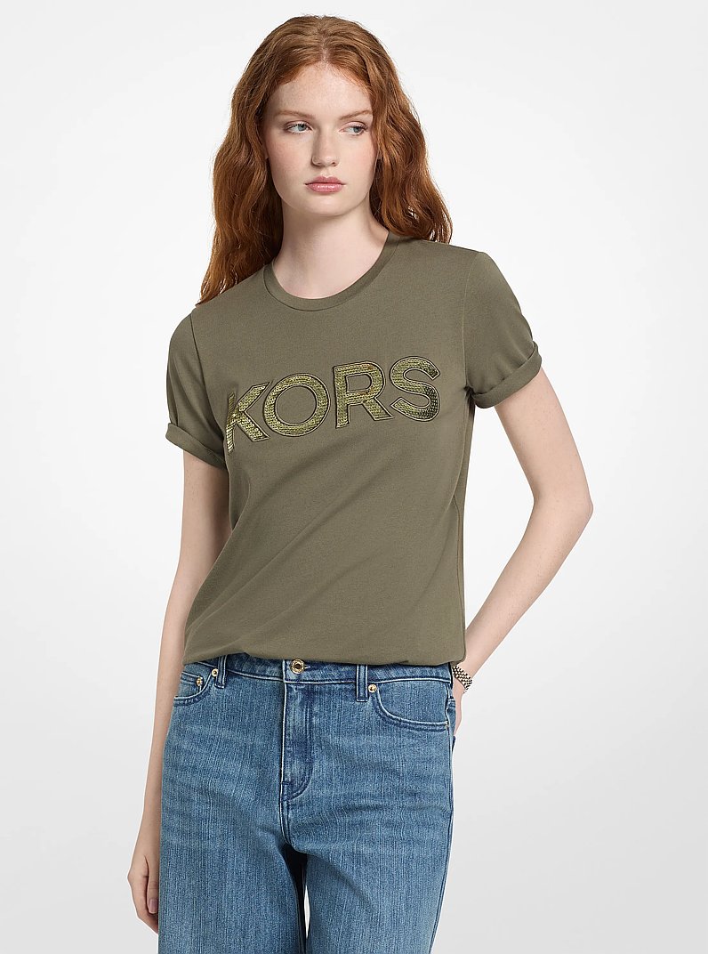 Sequined Logo Cotton T-Shirt in OLIVE | Michael Kors
