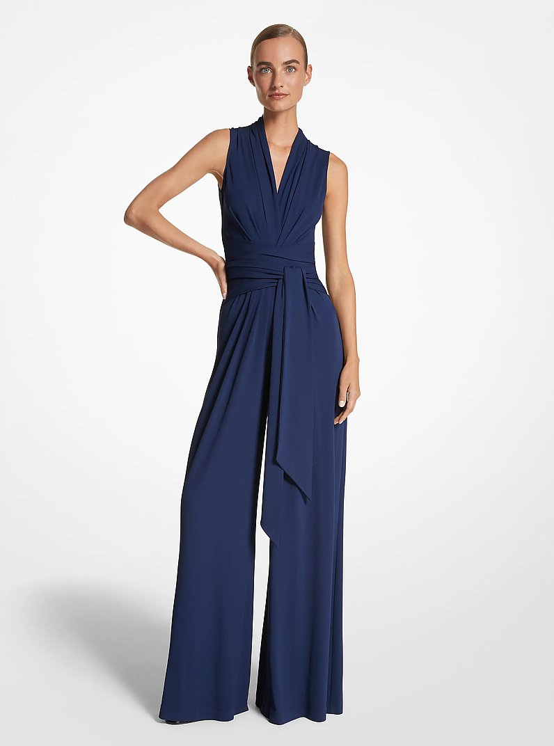Stretch Matte Jersey Tie-Waist Palazzo Jumpsuit in NAVY | Michael Kors