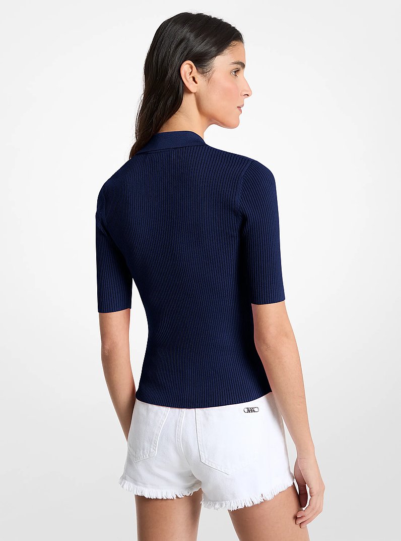Ribbed Stretch Viscose Lace-Up Polo Top in MIDNIGHTBLUE | Michael Kors