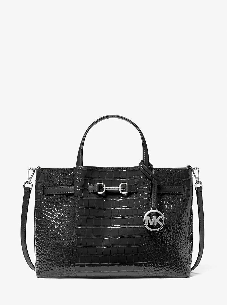 Carson Medium Crocodile Embossed Satchel in BLACK | Michael Kors