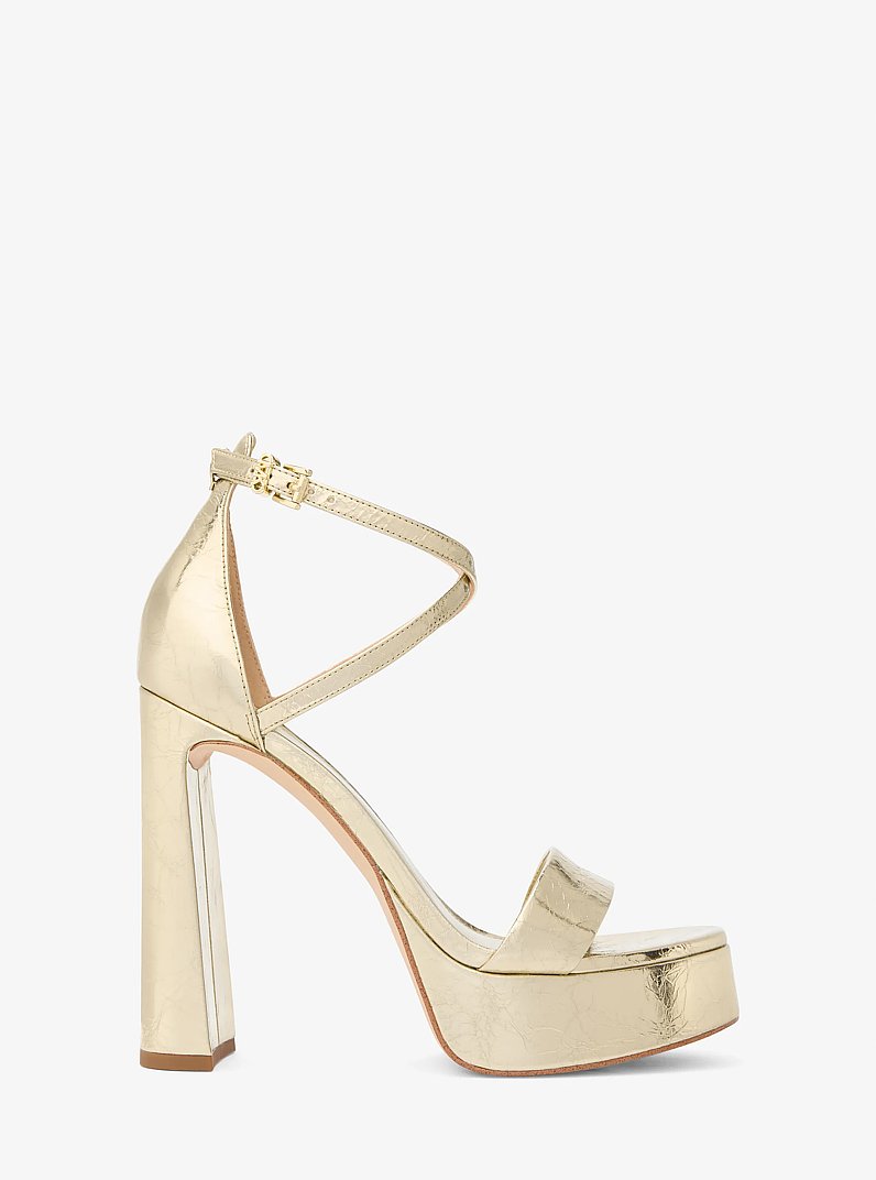 Cami Crackled Metallic Leather Platform Sandal in PALE GOLD | Michael Kors