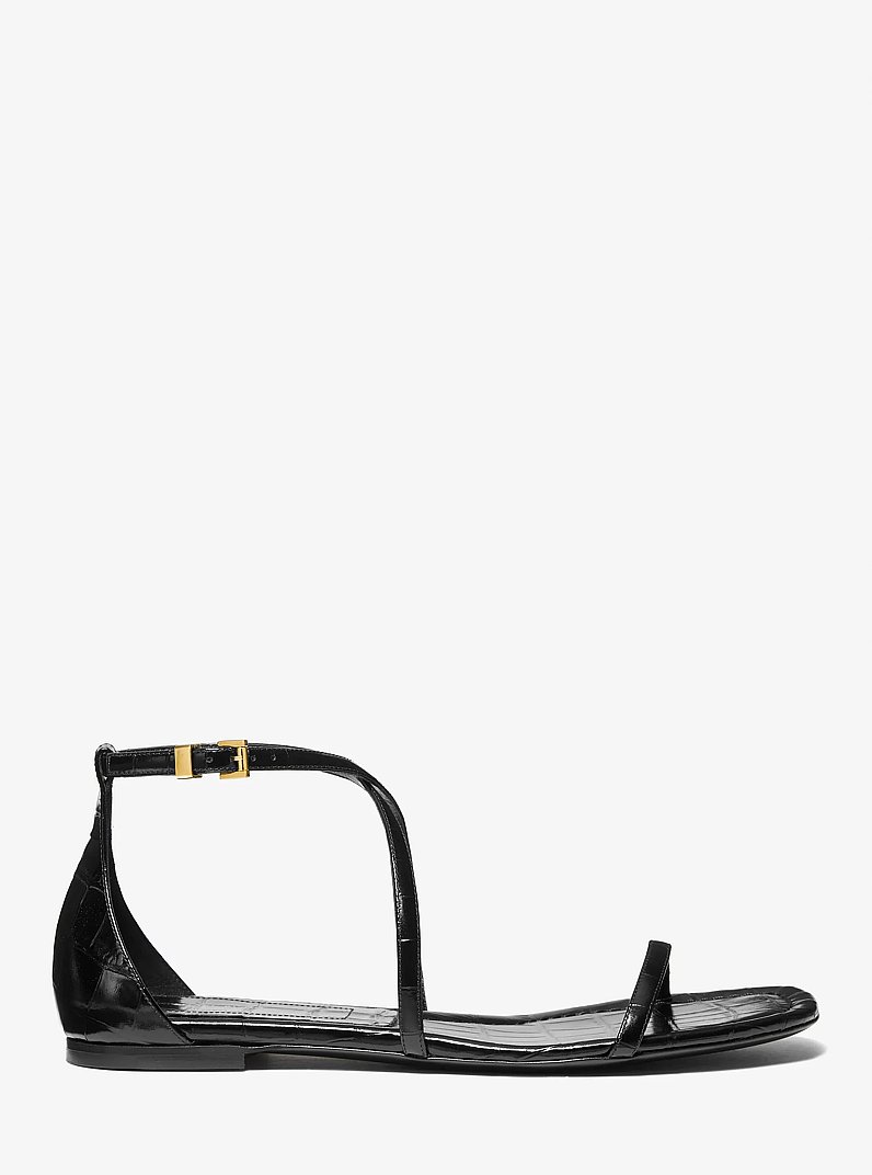 Polly Crocodile Embossed Leather Sandal in BLACK | Michael Kors