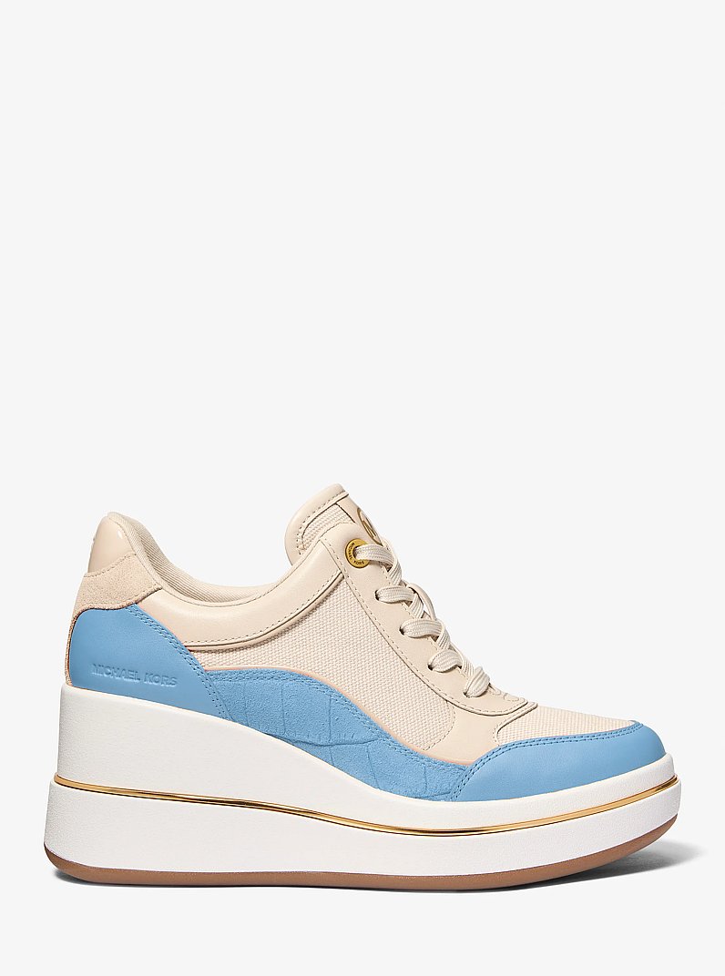 Emmy Leather and Canvas Wedge Trainer in CHAMBRAY | Michael Kors