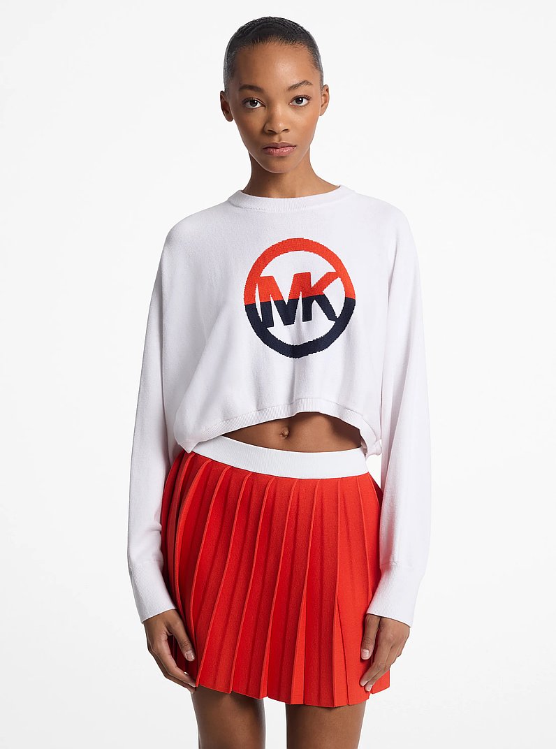 Color-Block Logo Cotton Blend Cropped Sweater in WHITE | Michael Kors