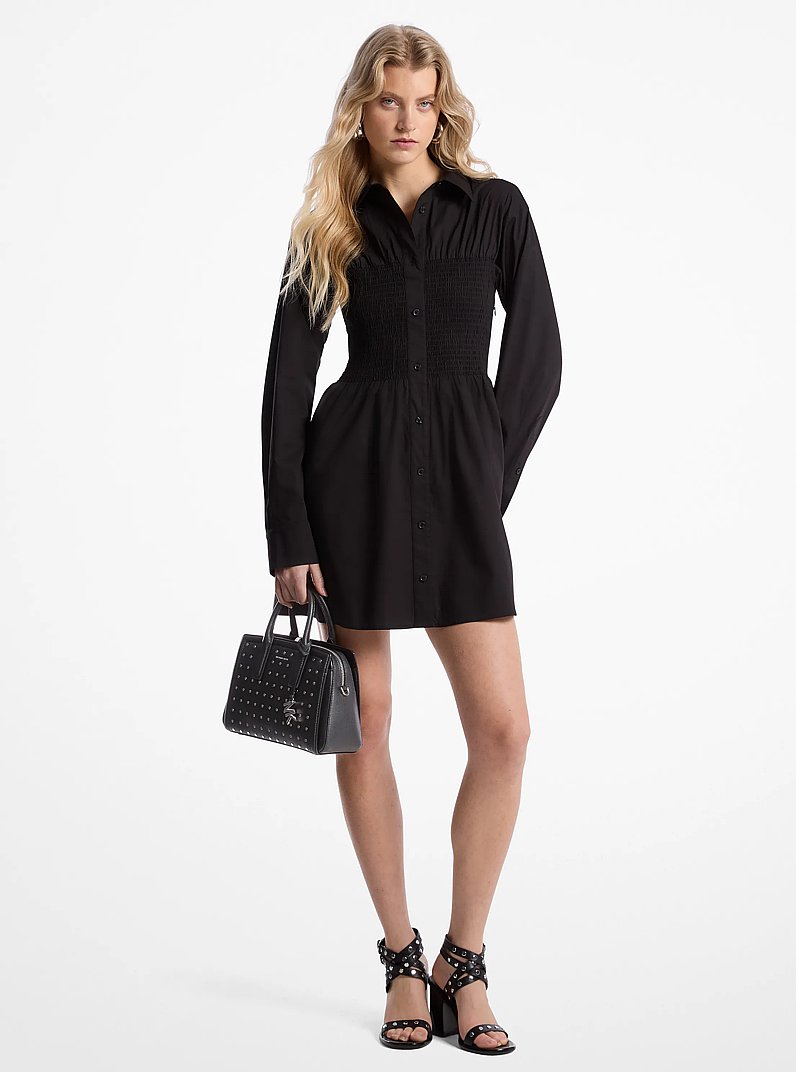 Stretch Cotton Poplin Smocked Shirtdress in BLACK | Michael Kors