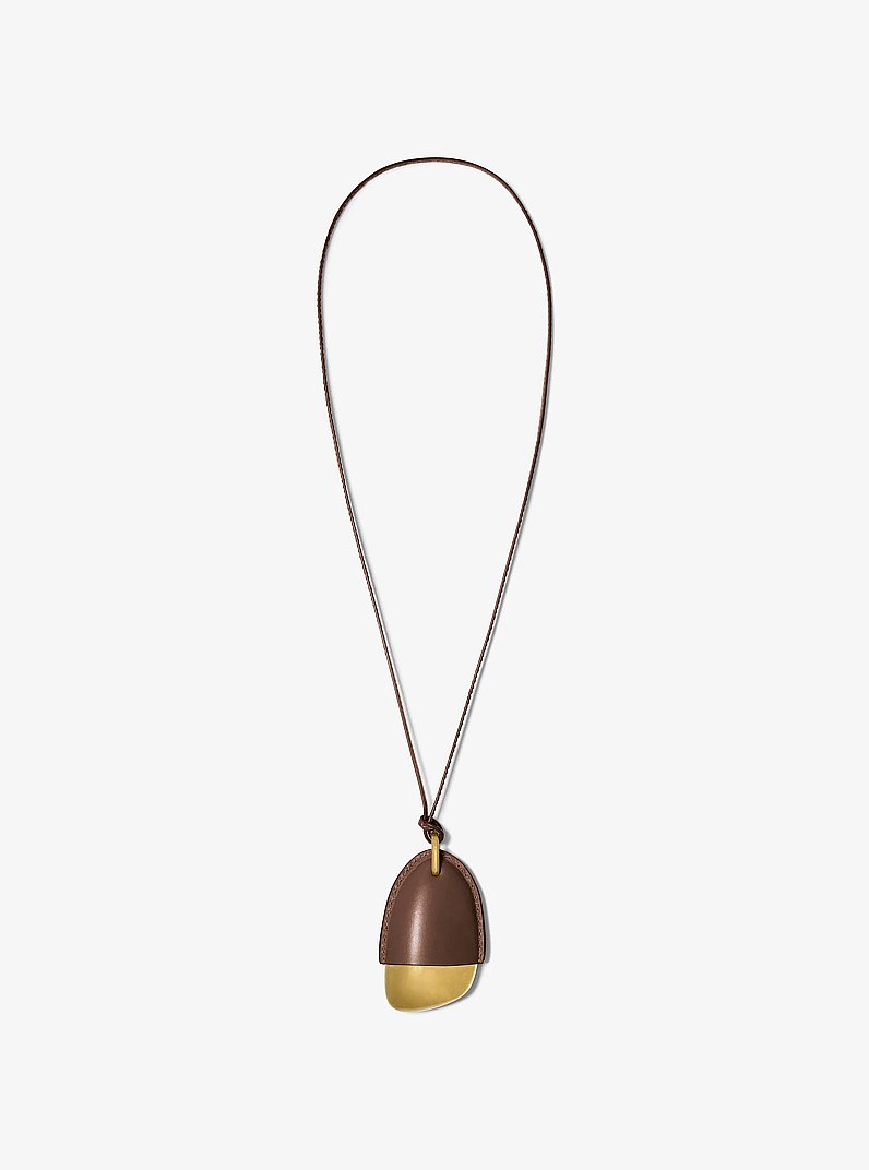 Brushed Brass and Leather Wrapped Pendant Necklace in ESPRESSO | Michael Kors