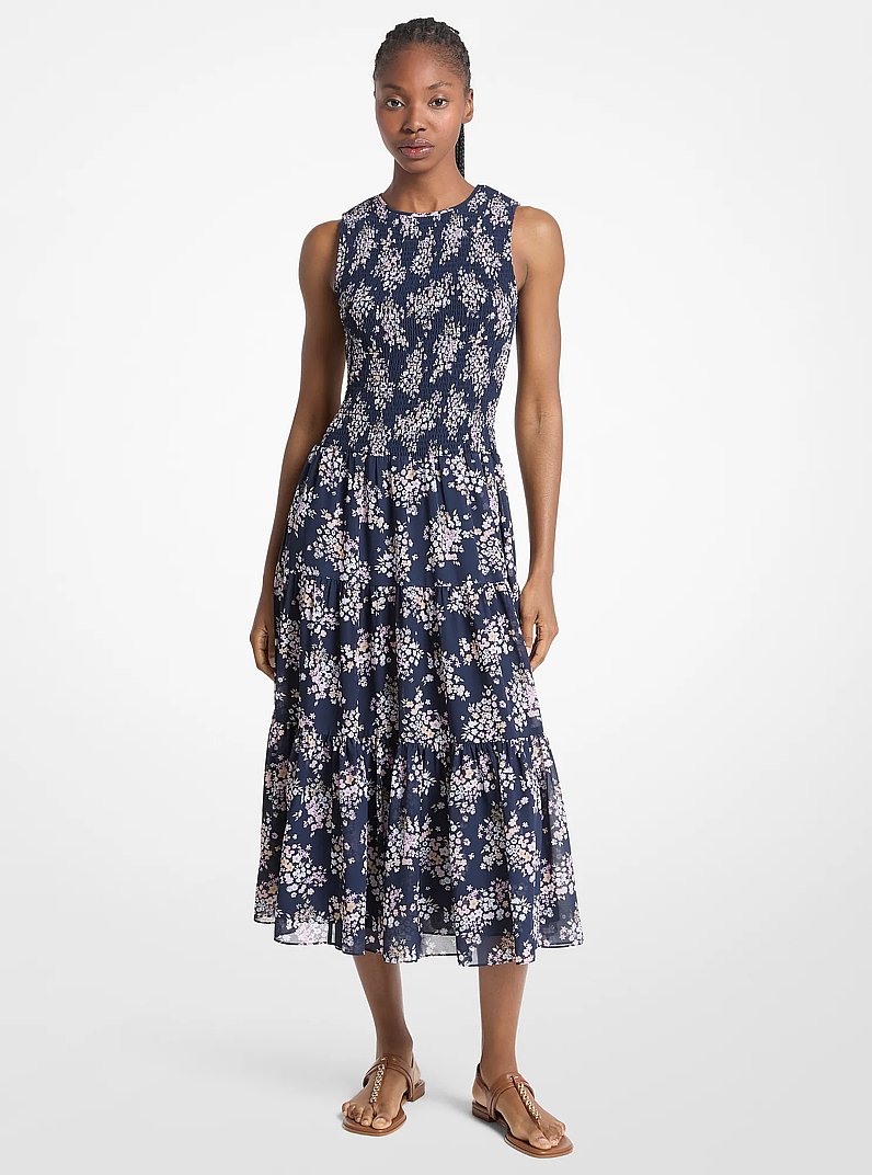 Floral Print Smocked Georgette Midi Dress in CARNATION | Michael Kors