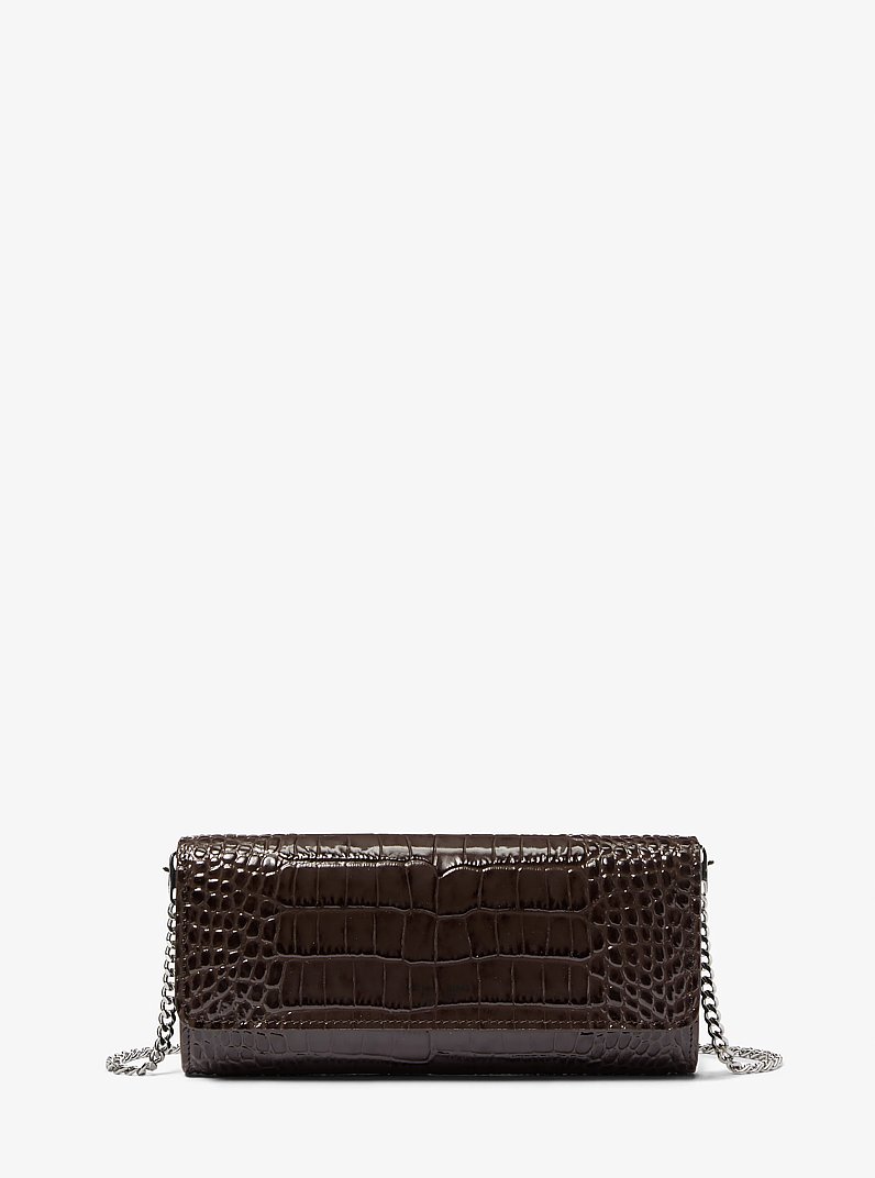 Cate Crocodile Embossed Patent Leather Clutch in CHOCOLATE | Michael Kors