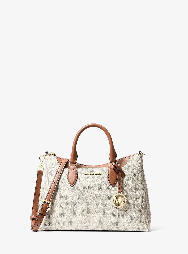 Austen Small Signature Logo Satchel in VANILLA/LUGGAGE | Michael Kors