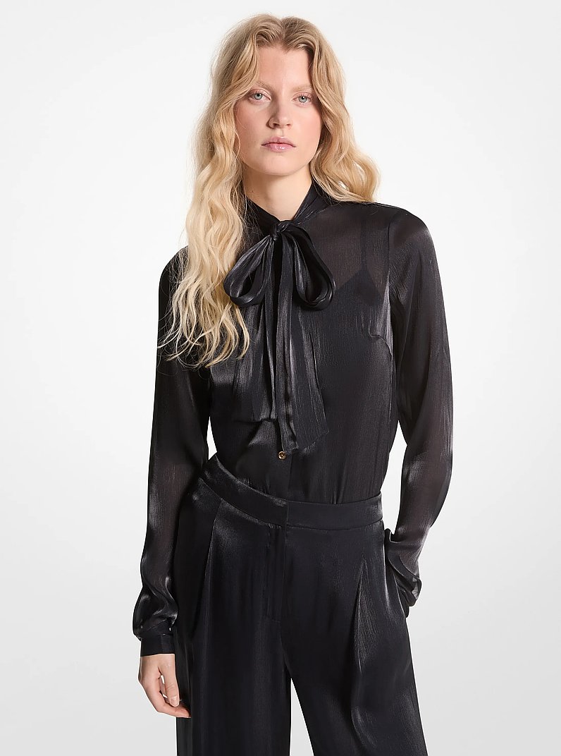 Crinkled Metallic Georgette Tie-Neck Blouse in BLACK | Michael Kors