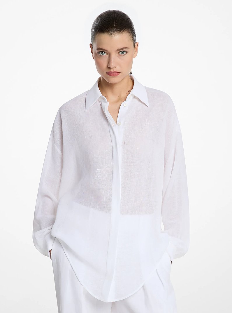Chemise boyfriend en gaze de cr&ecirc;pe de lin in BLANC OPTIQUE | Michael Kors