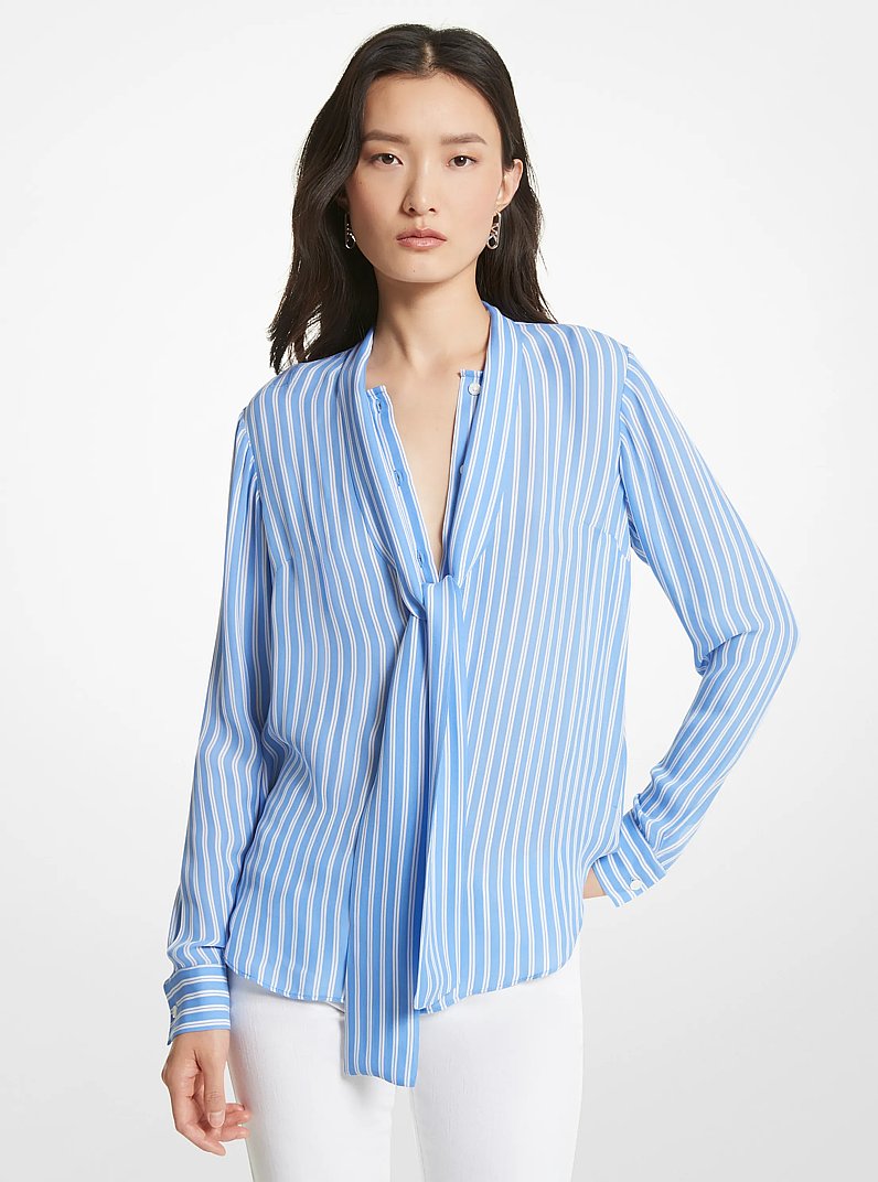 Striped Georgette Tie-Neck Blouse in Crew Blue | Michael Kors