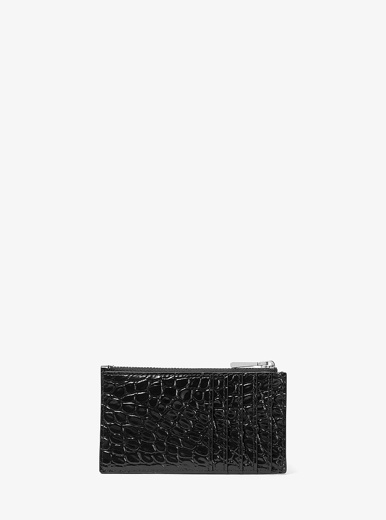 Jet Set Small Crocodile Embossed Leather Card Case in BLACK | Michael Kors