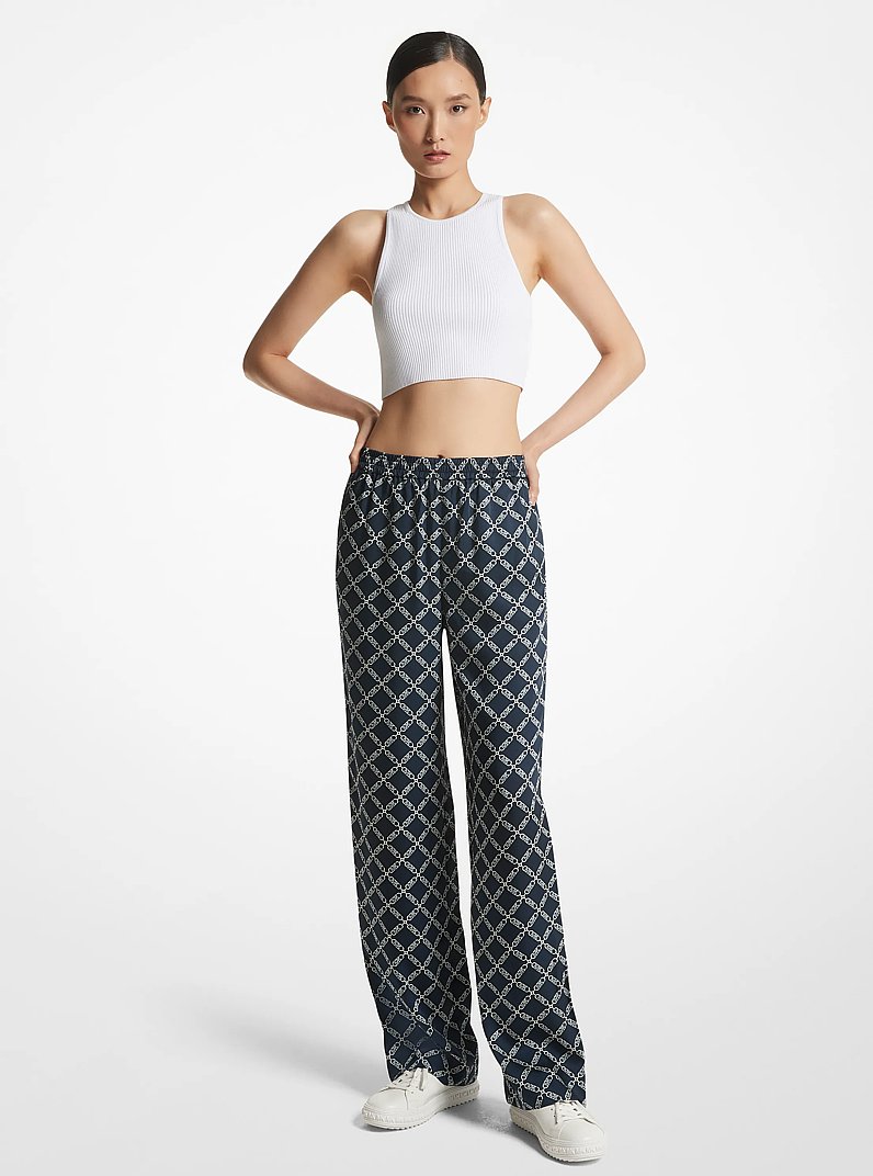 Empire Logo Print Satin Pajama Pants in MIDNIGHTBLUE | Michael Kors