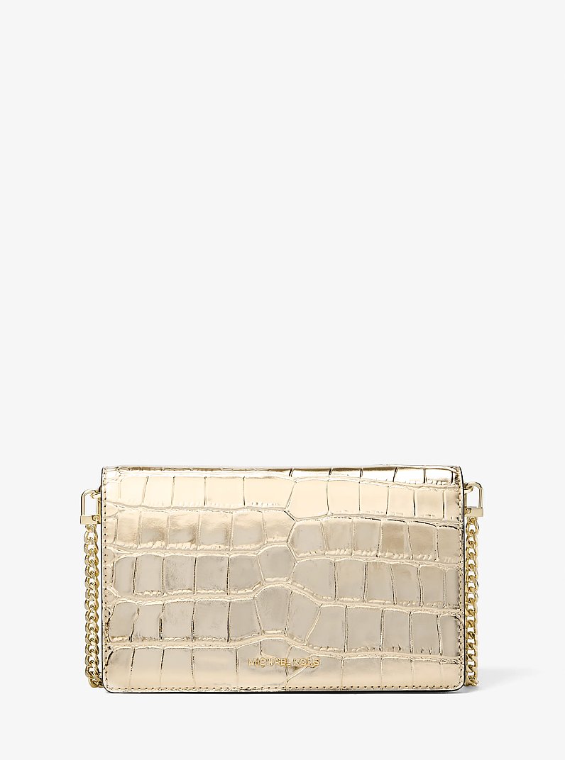Jet Set Medium Metallic Crocodile Embossed Leather Crossbody Bag in PALE GOLD | Michael Kors
