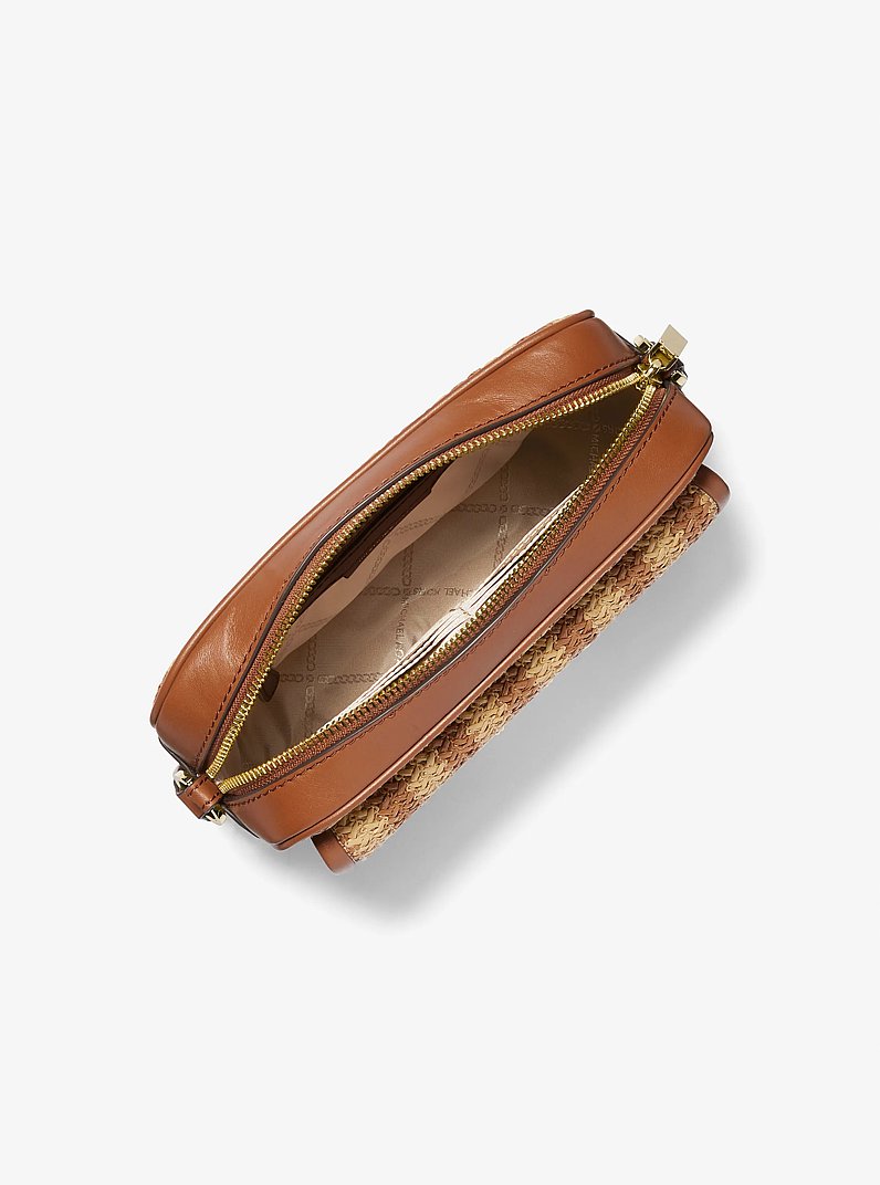 Parker Medium Striped Straw and Leather Crossbody Bag