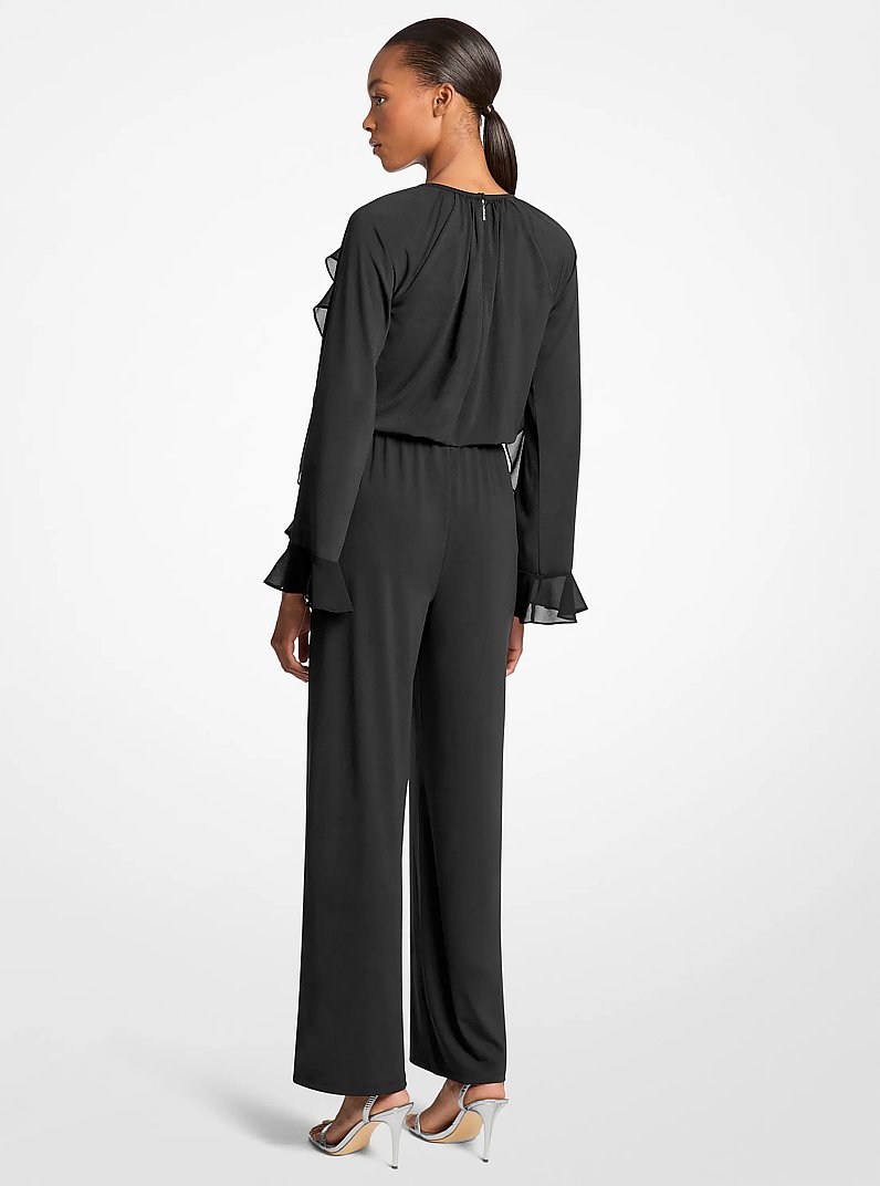 Ruffled Stretch Matte Jersey Belted Jumpsuit in NEGRO | Michael Kors
