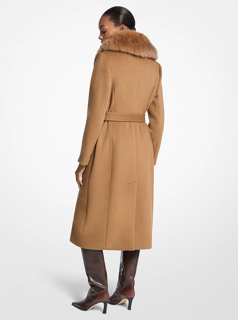 Faux Fur Trim Wool Blend Coat in DARK CAMEL | Michael Kors