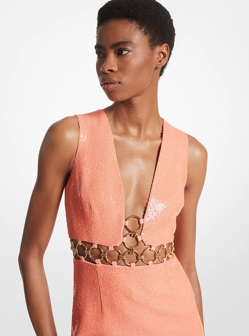 Hand-Embroidered Sequin Double Crepe Sabl&eacute; Ring Dress