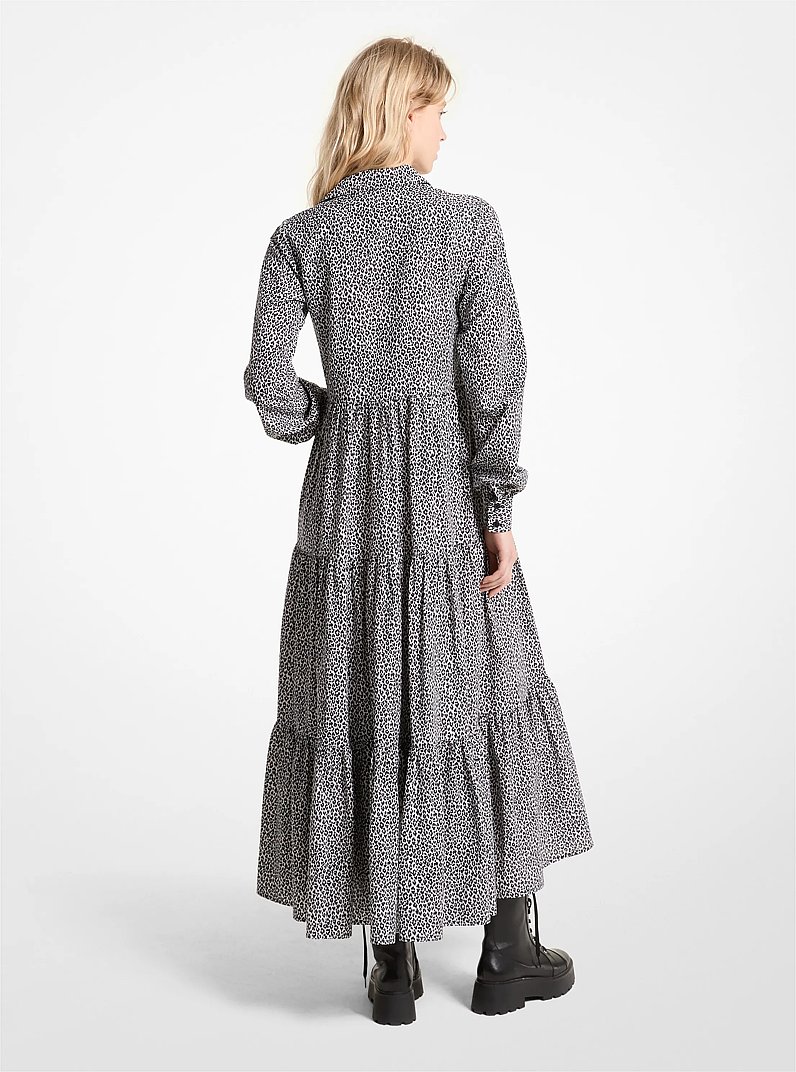 Leopard Print Cotton and Silk Tiered Midi Dress in ALUMINUM | Michael Kors