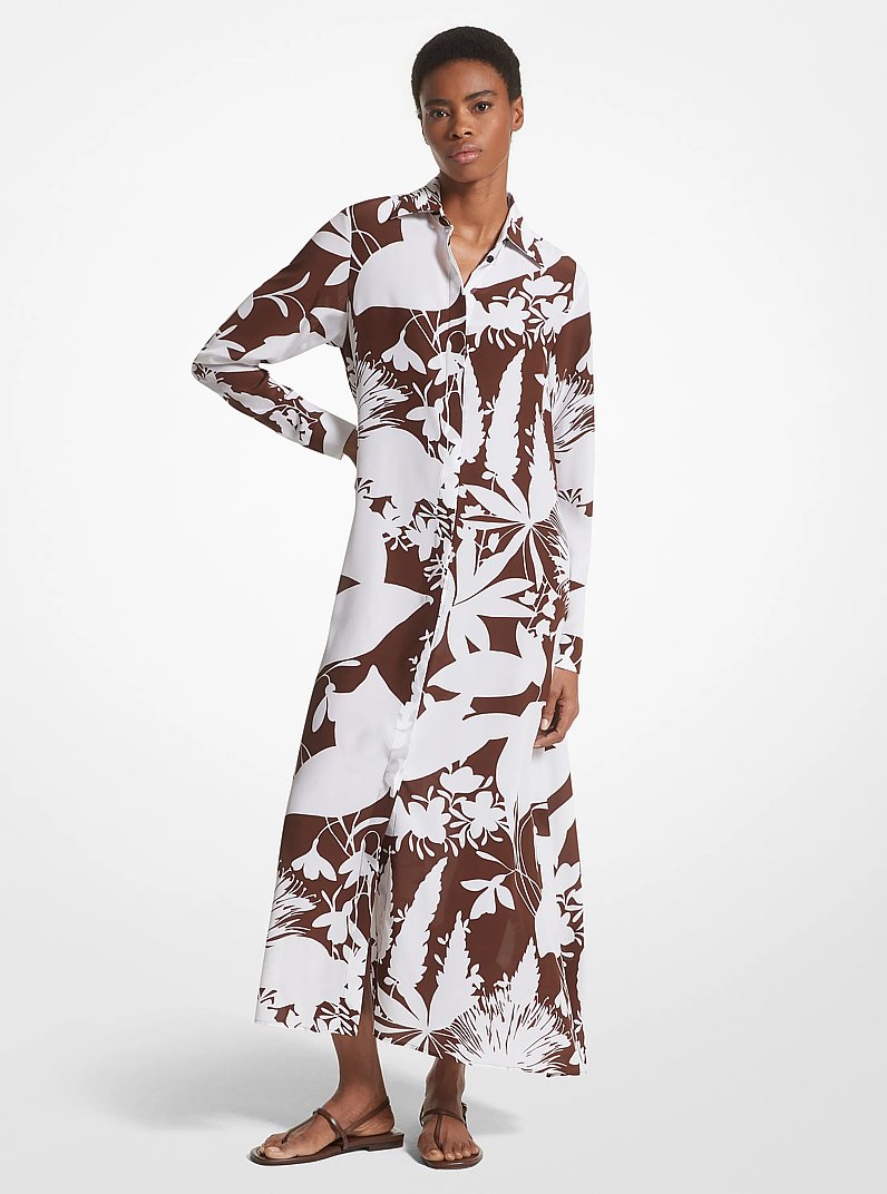 Robe chemise en cr&ecirc;pe de Chine de soie &agrave; motif fleuri en n&eacute;gatif in NUTMEG/OPTIC WHITE | Michael Kors