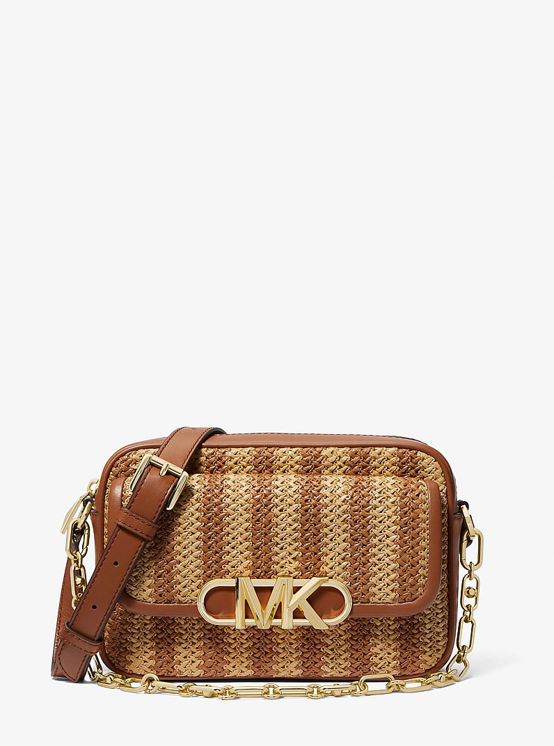 Parker Medium Striped Straw and Leather Crossbody Bag