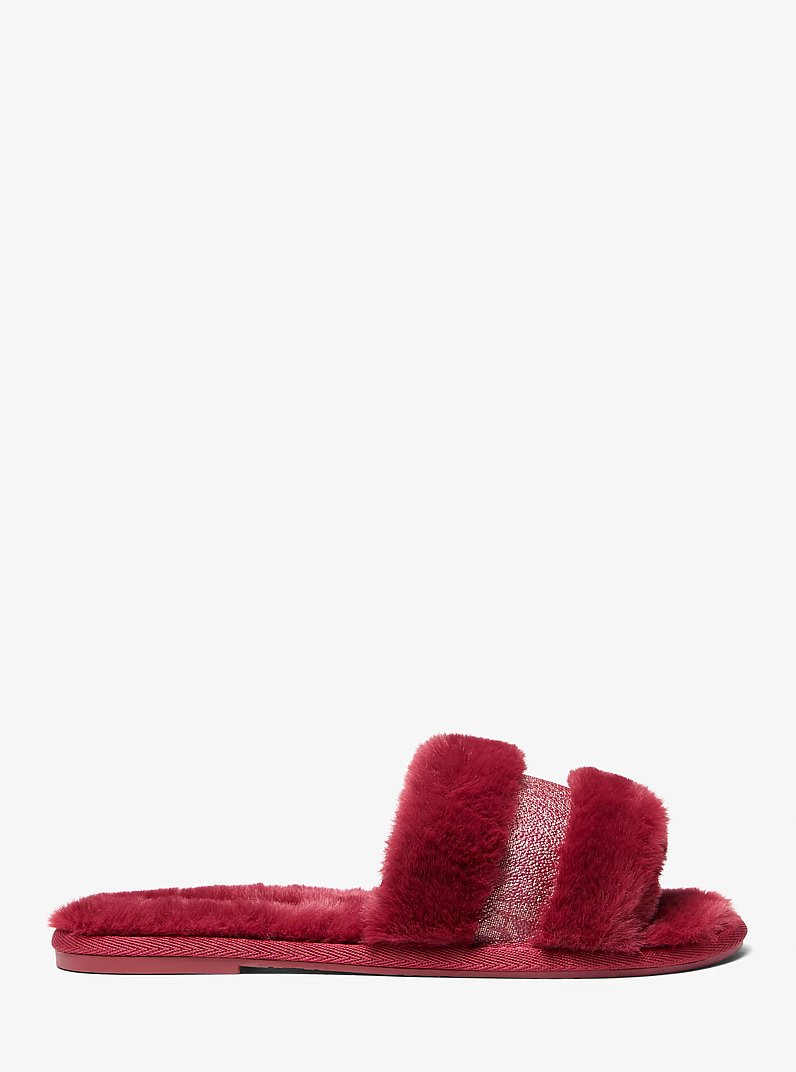 Alexis Faux Fur and Metallic Signature Logo Slide Sandal in CHERRY | Michael Kors