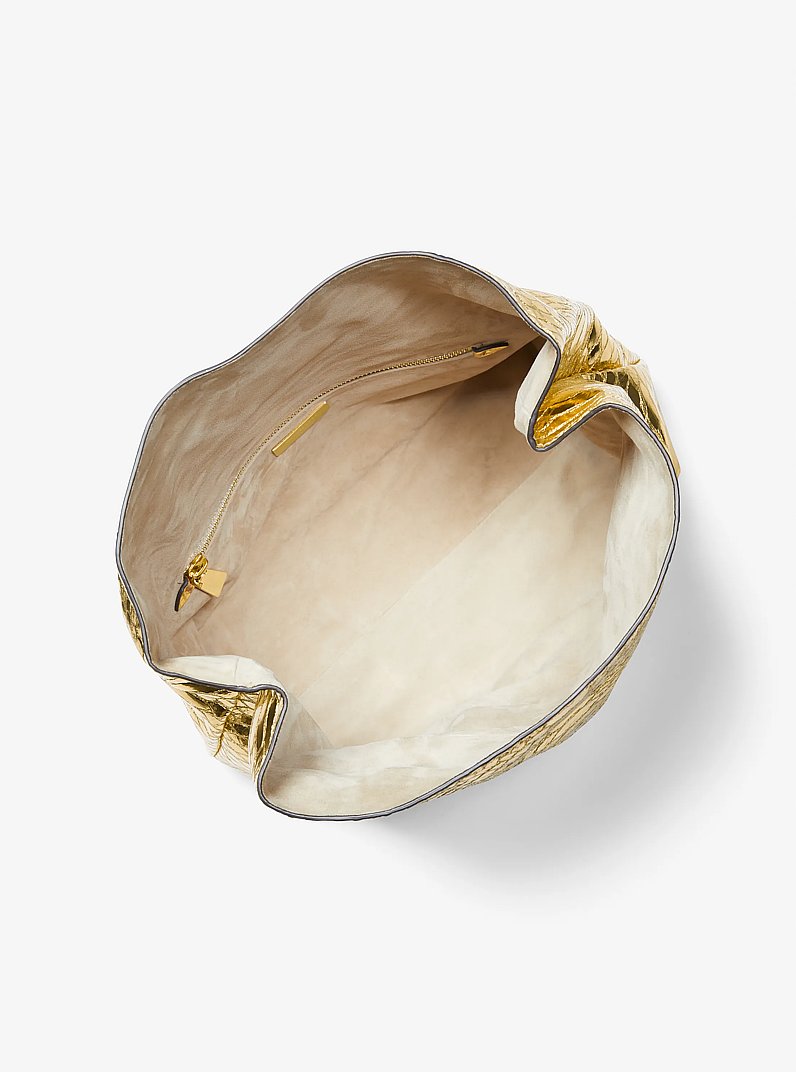 Monogramme Medium Metallic Python Embossed Leather Lunch Box Clutch in GOLD | Michael Kors