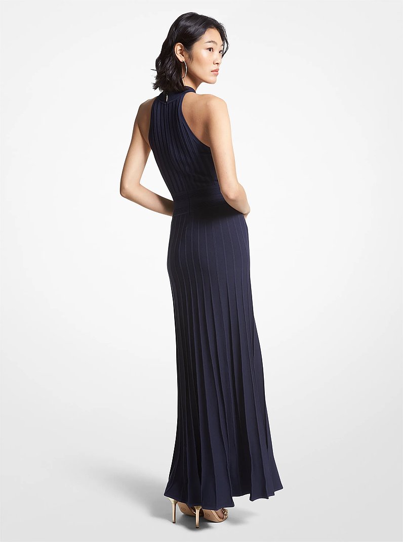 Ribbed Stretch Knit Halter Dress in MIDNIGHTBLUE | Michael Kors