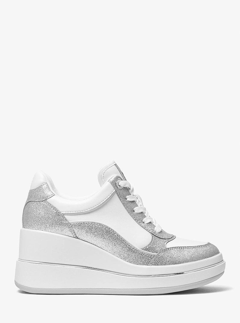Emmy Glitter Embellished Leather Wedge Trainer in SILVER | Michael Kors