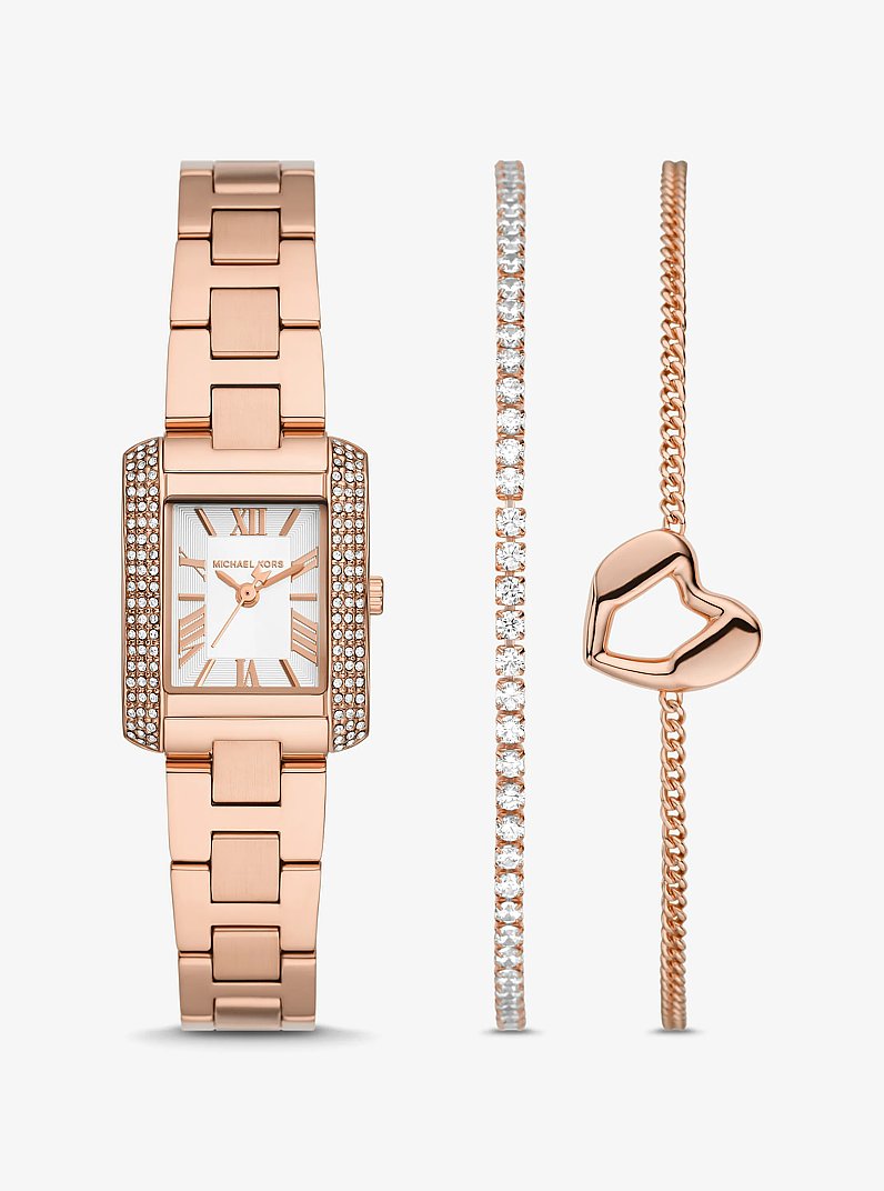 Set de pulsera y reloj Emery mini en tono dorado rosa con incrustaciones in DORADO ROSA | Michael Kors