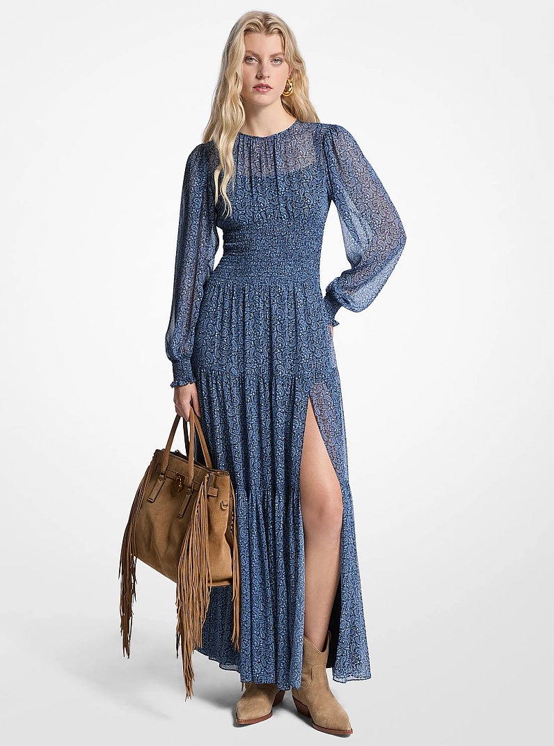 Robe longue smock&eacute;e en georgette &agrave; motif cachemire m&eacute;tallis&eacute; in BLEU FRAN&Ccedil;AIS | Michael Kors