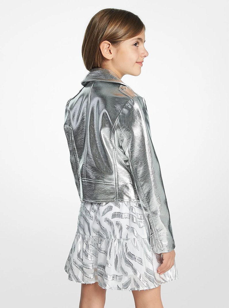 Metallic Faux Leather Moto Jacket in PALE GREY | Michael Kors