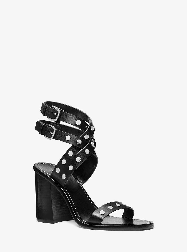 Irene Studded Leather Block Heel Sandal in BLACK | Michael Kors