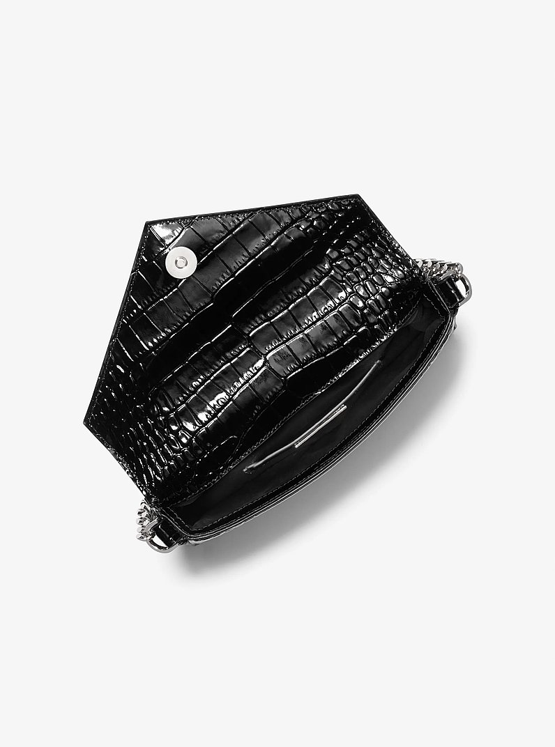 Manhatta Crocodile Embossed Patent Leather Shoulder Bag in BLACK | Michael Kors